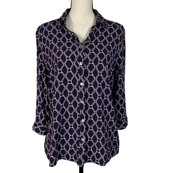 Chico’s SZ 2 (Large) Top Geometric Button-Up V-Neck 3/4 Sleeves Collared Purple - Picture 1 of 9